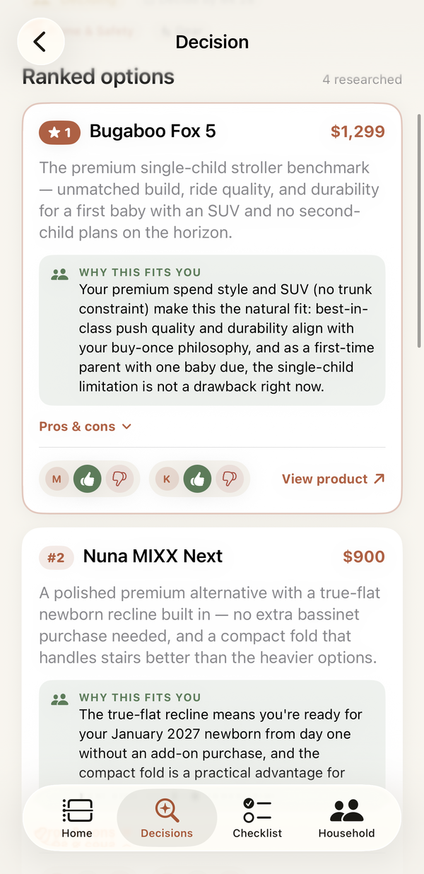 Decision card ranking stroller options with a 'why this fits you' explanation for each pick