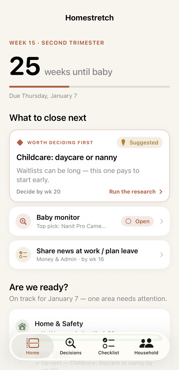 Home screen's 'What to close next' card surfacing the childcare decision, with two smaller items below